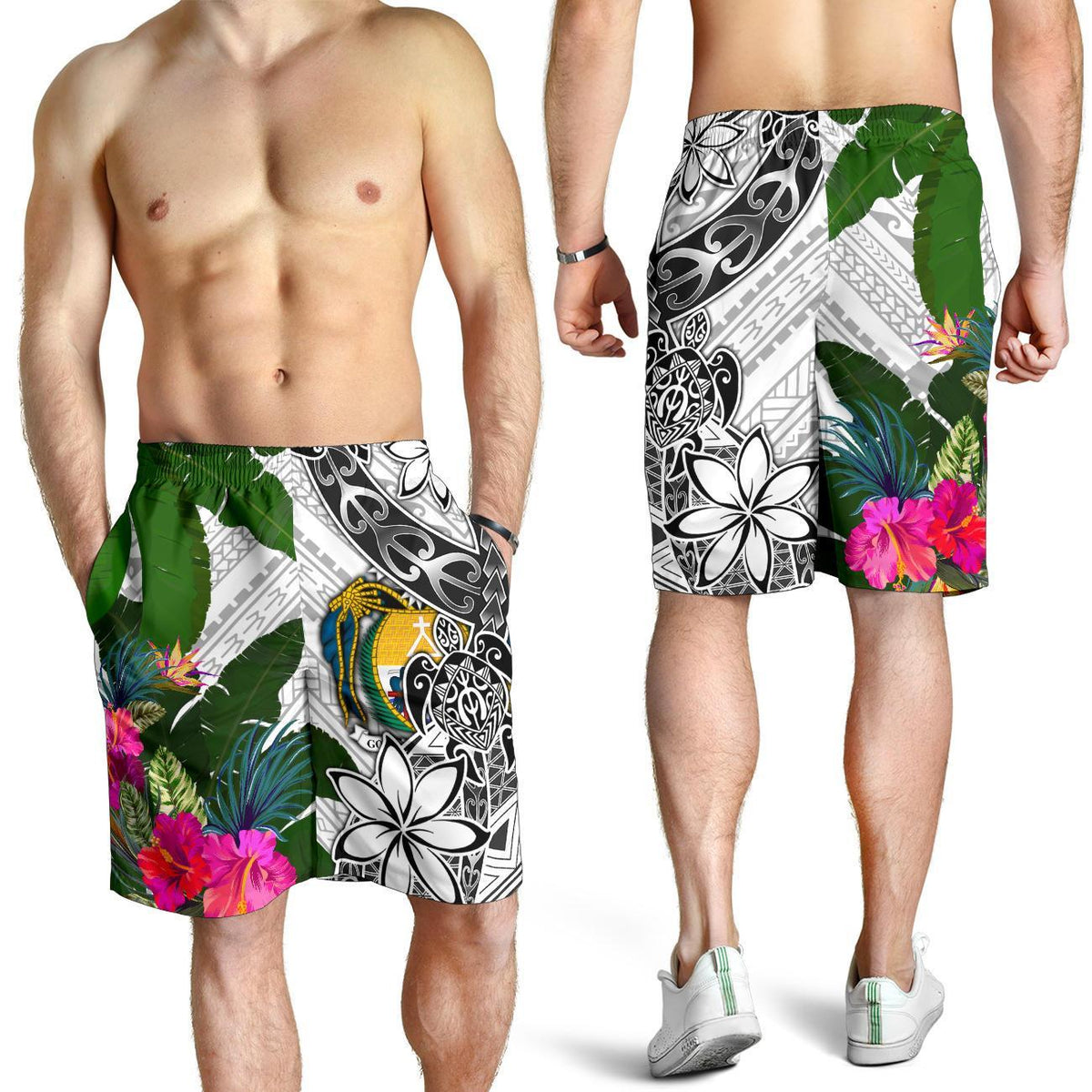 Nauru Men's Short White - Turtle Plumeria Banana Leaf Crest - Polynesian Pride