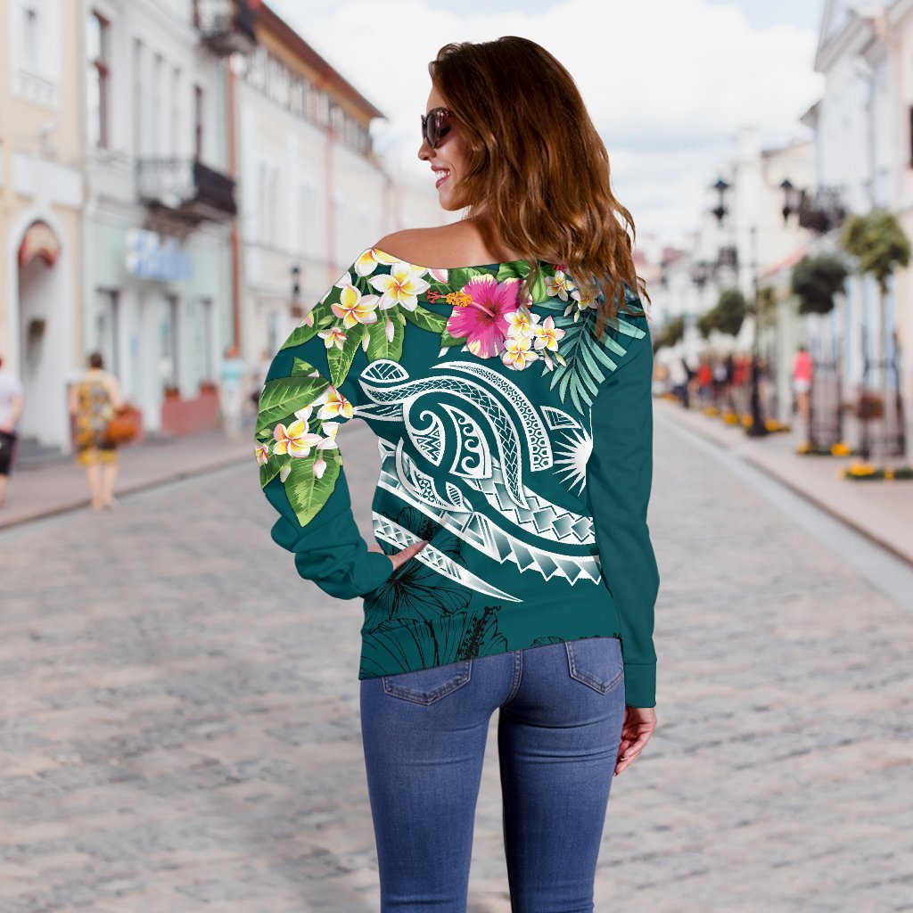 Marshall Islands Polynesian Off Shoulder Sweater - Summer Plumeria (Turquoise) - Polynesian Pride
