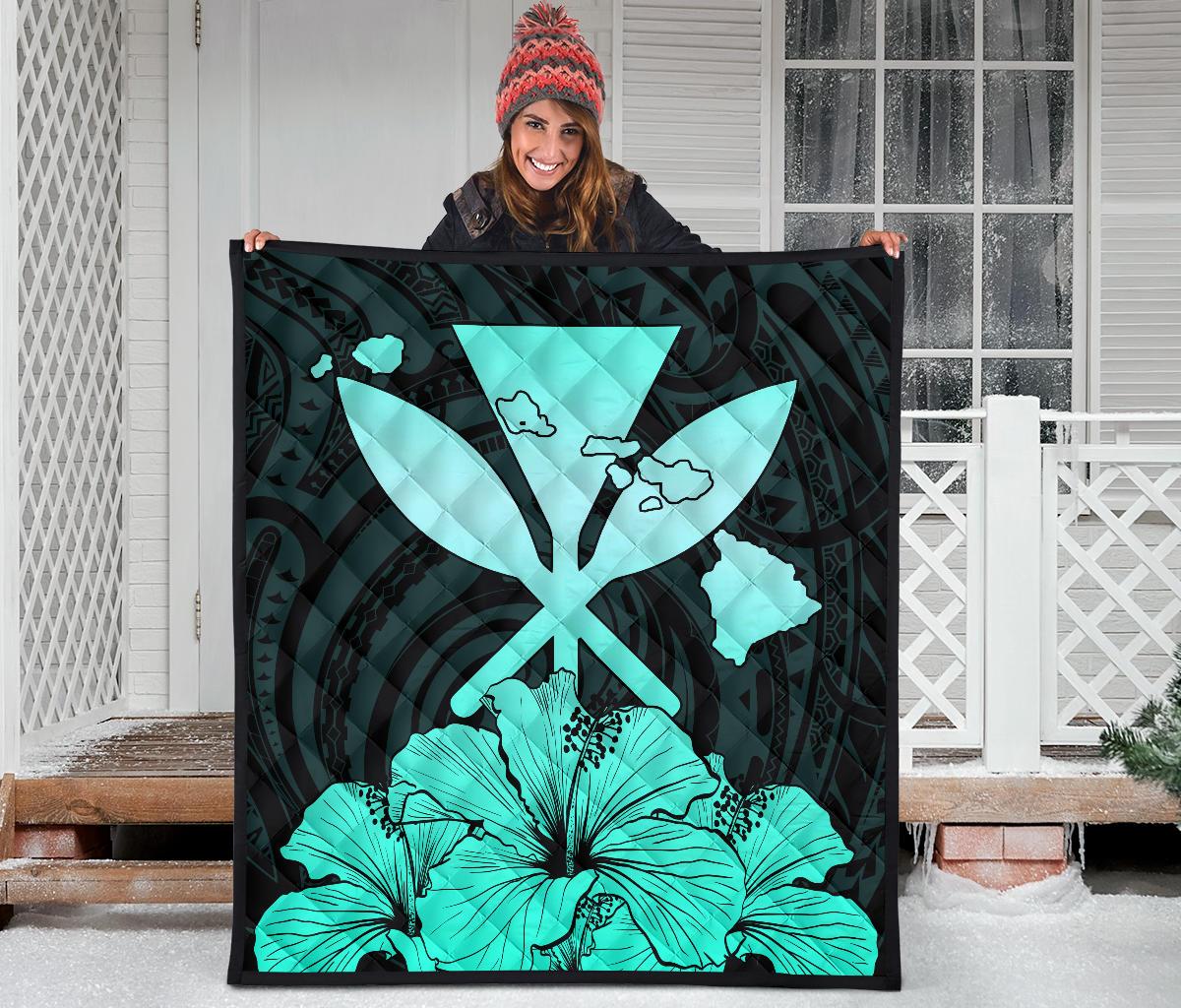 Hawaiian Kanaka Premium Quilt Hibiscus Polynesian Love Turquoise - Polynesian Pride