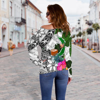 Pohnpei Women's Off Shoulder Sweater White - Turtle Plumeria Banana Leaf - Polynesian Pride