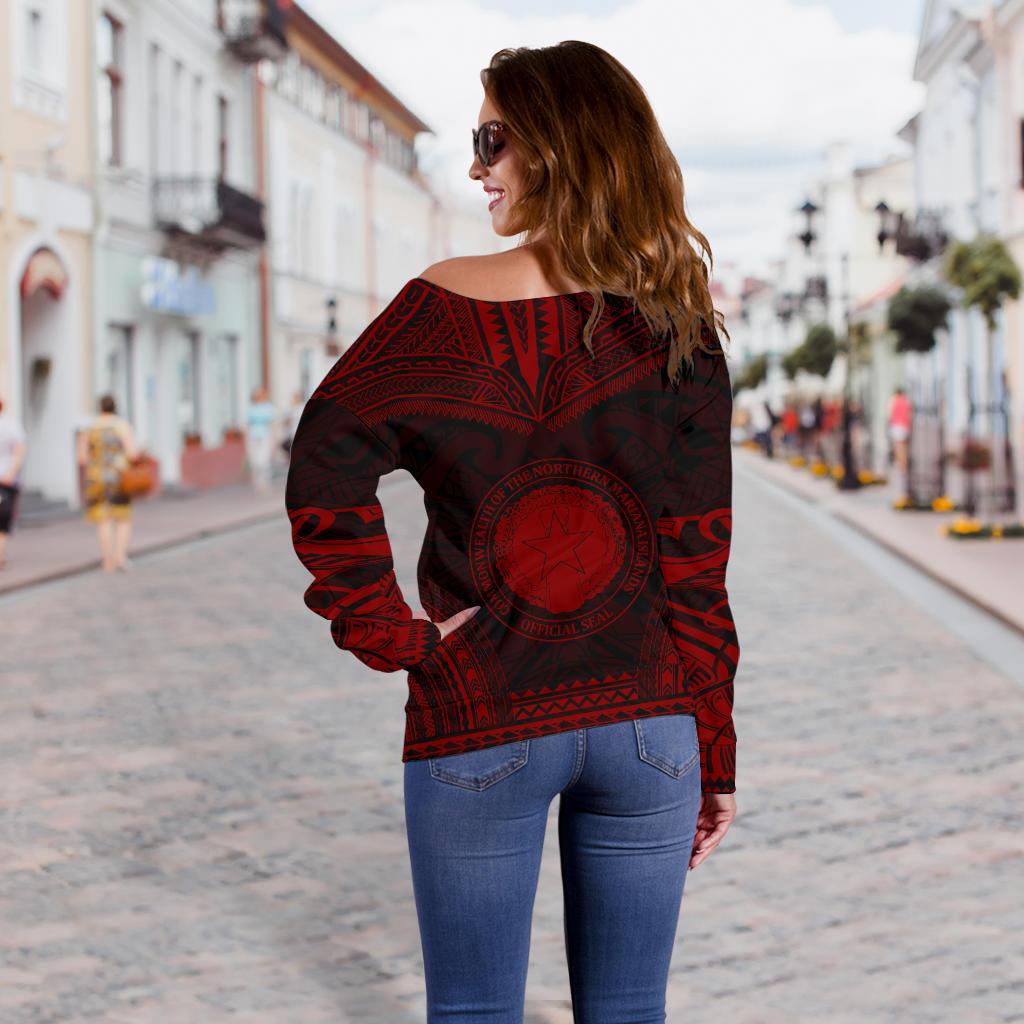 Northern Mariana Islands Polynesian Chief Women's Off Shoulder Sweater - Red Version - Polynesian Pride