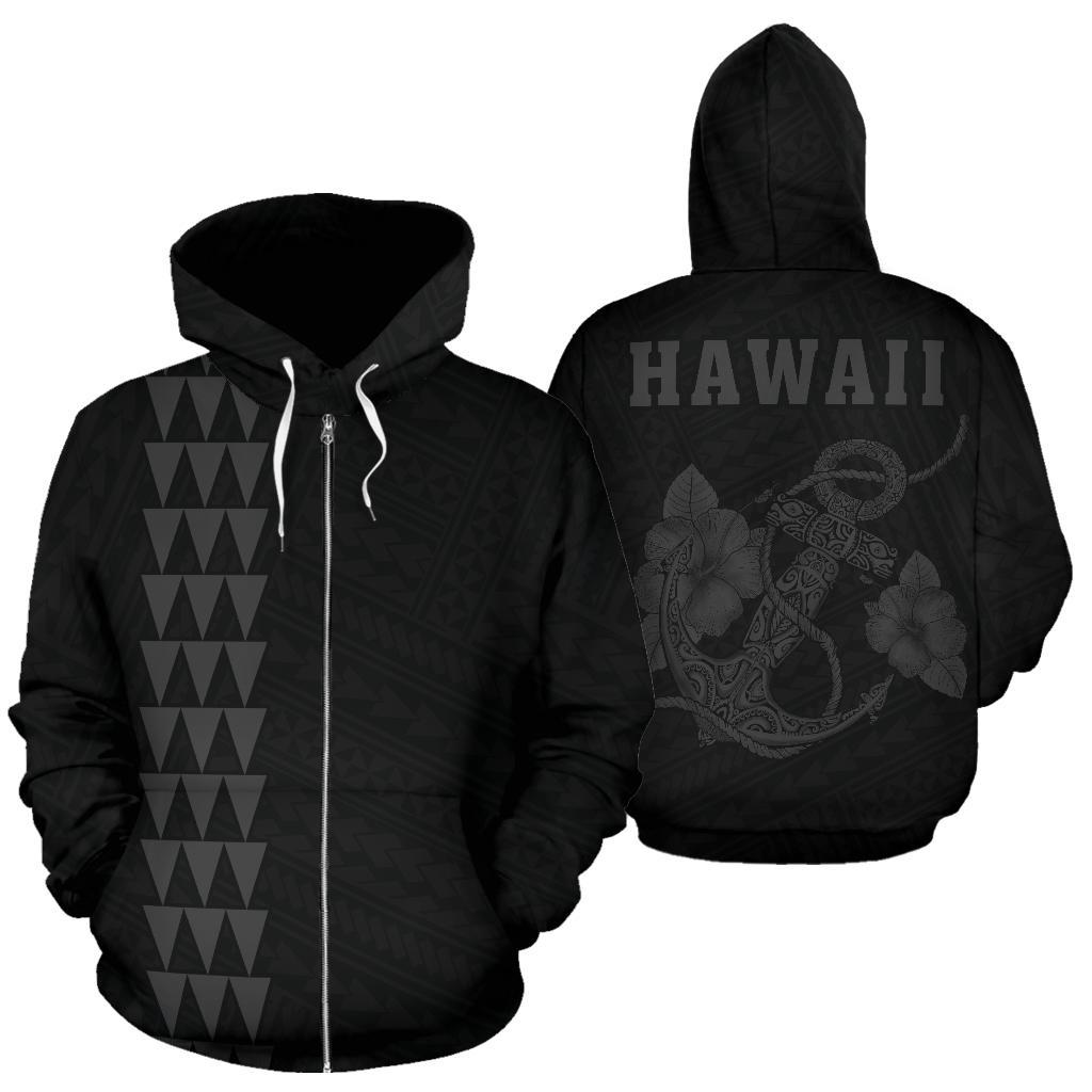 Polynesian Kakau Anchor Hibiscus Hawaii Zip Hoodie Grey Unisex Grey - Polynesian Pride
