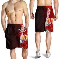 Tahiti Polynesian Men's Shorts - Coat Of Arm With Hibiscus Red - Polynesian Pride