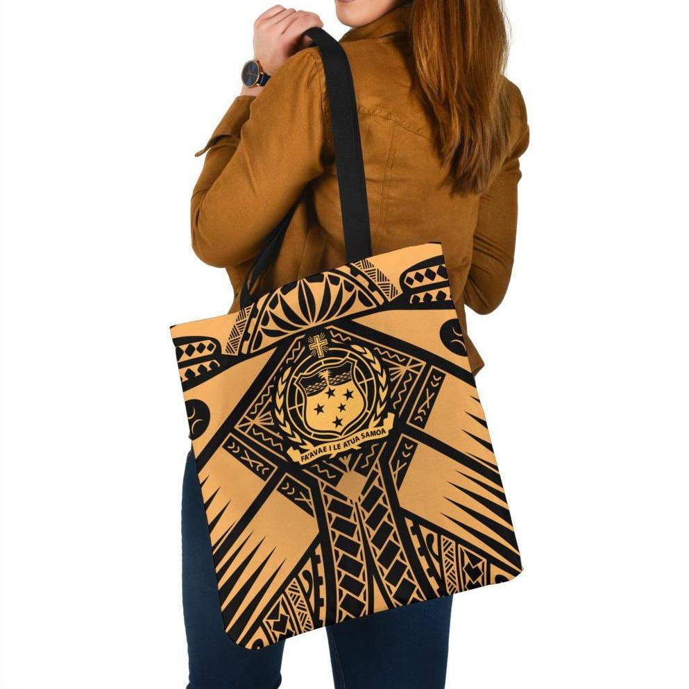 Samoa Polynesian Tote Bags - Samoa Gold Seal with Polynesian Tattoo Tote Bag One Size Gold - Polynesian Pride