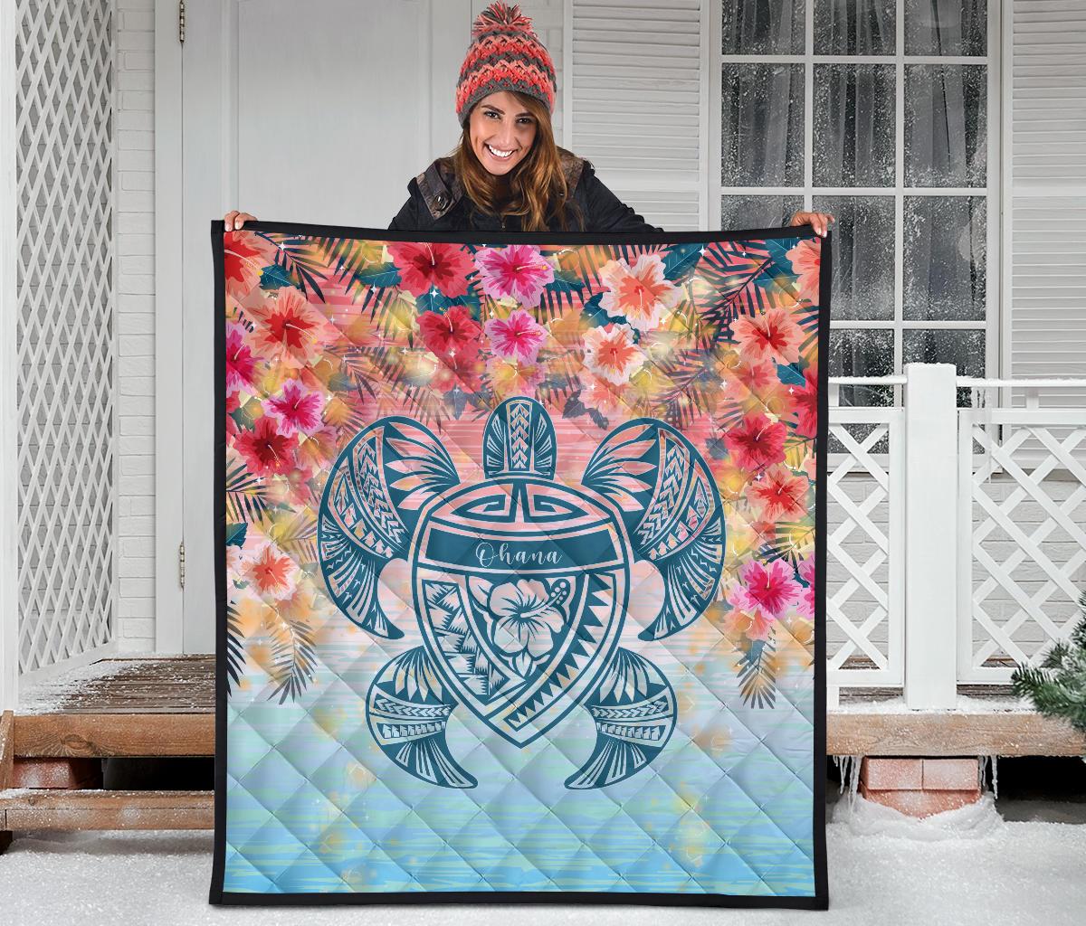 Hawaii Turtle Ohana Stary Night Hibiscus Premium Quilt - Polynesian Pride