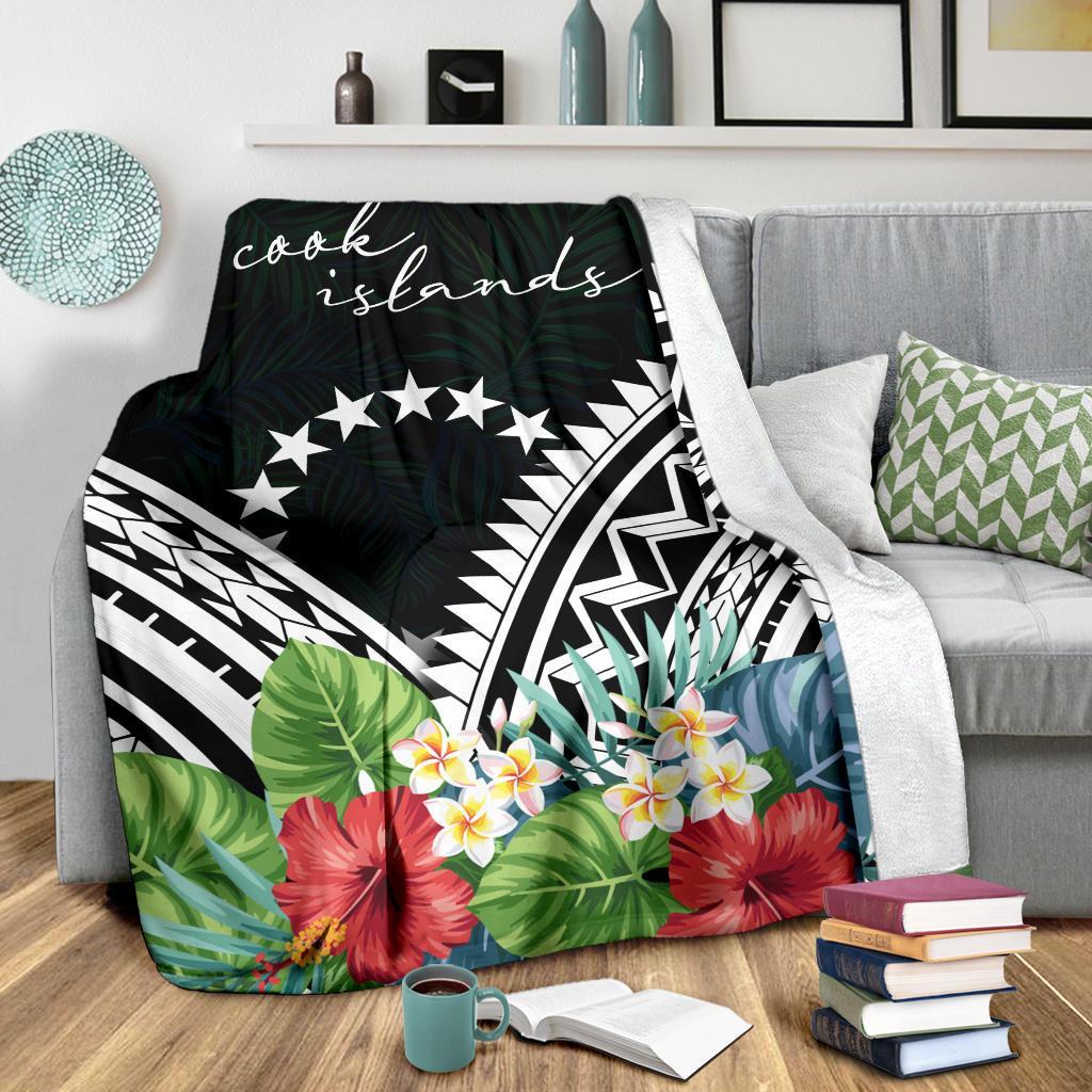 Cook Islands Premium Blanket - Cook Islands Coat of Arms & Polynesian Tropical Flowers White - Polynesian Pride