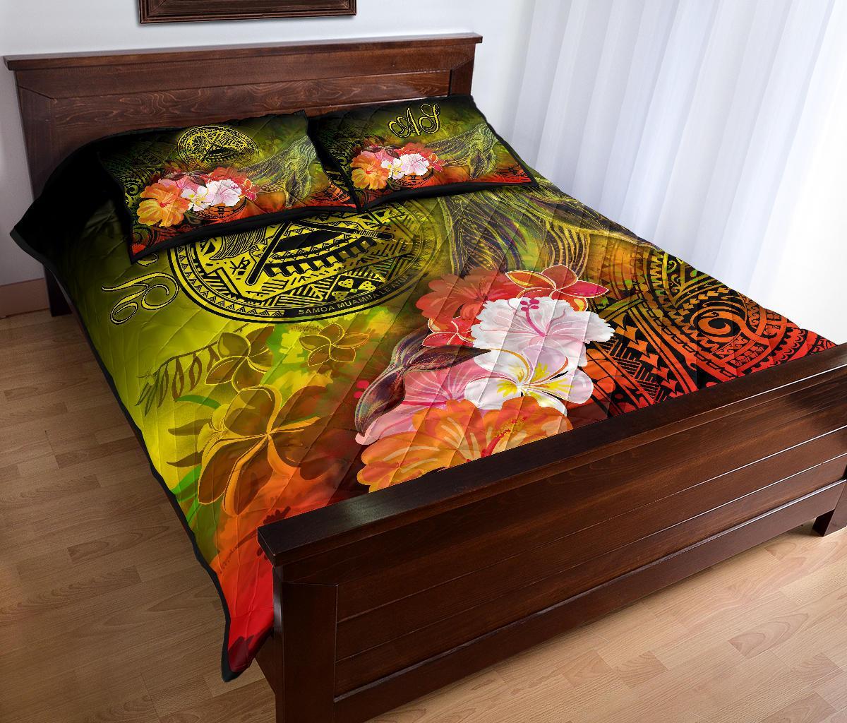 American Samoa Polynesian Custom Personalised Quilt Bed Set - Humpback Whale with Tropical Flowers - Polynesian Pride