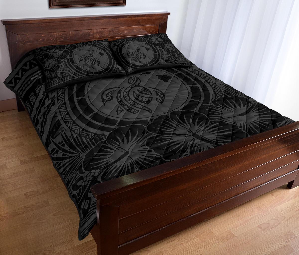 Hawaiian Map Honu Hibiscus Gray Polynesian Quilt Bed Set - Polynesian Pride