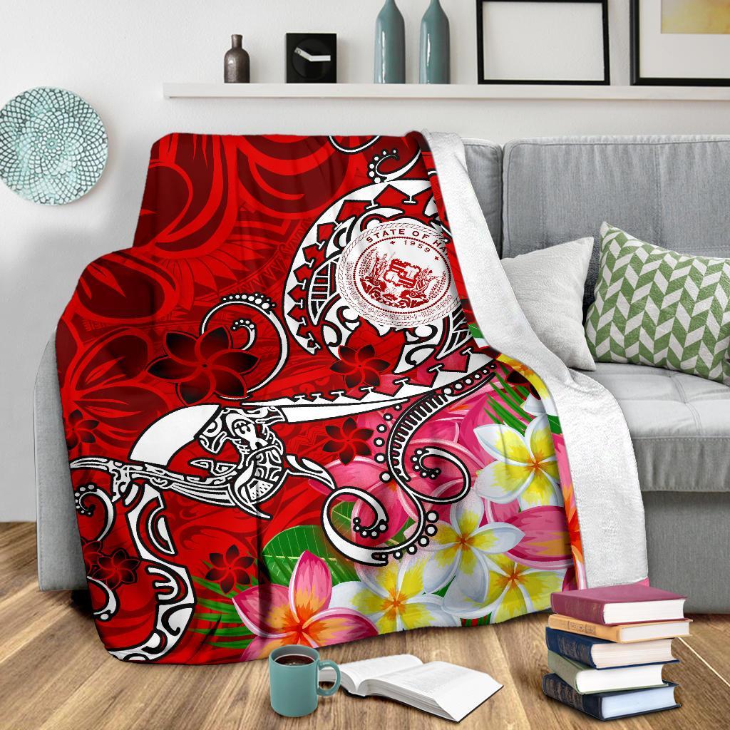Hawaii Polynesian Premium Blanket - Hawaii Seal With Turtle Plumeria (Red) - Polynesian Pride