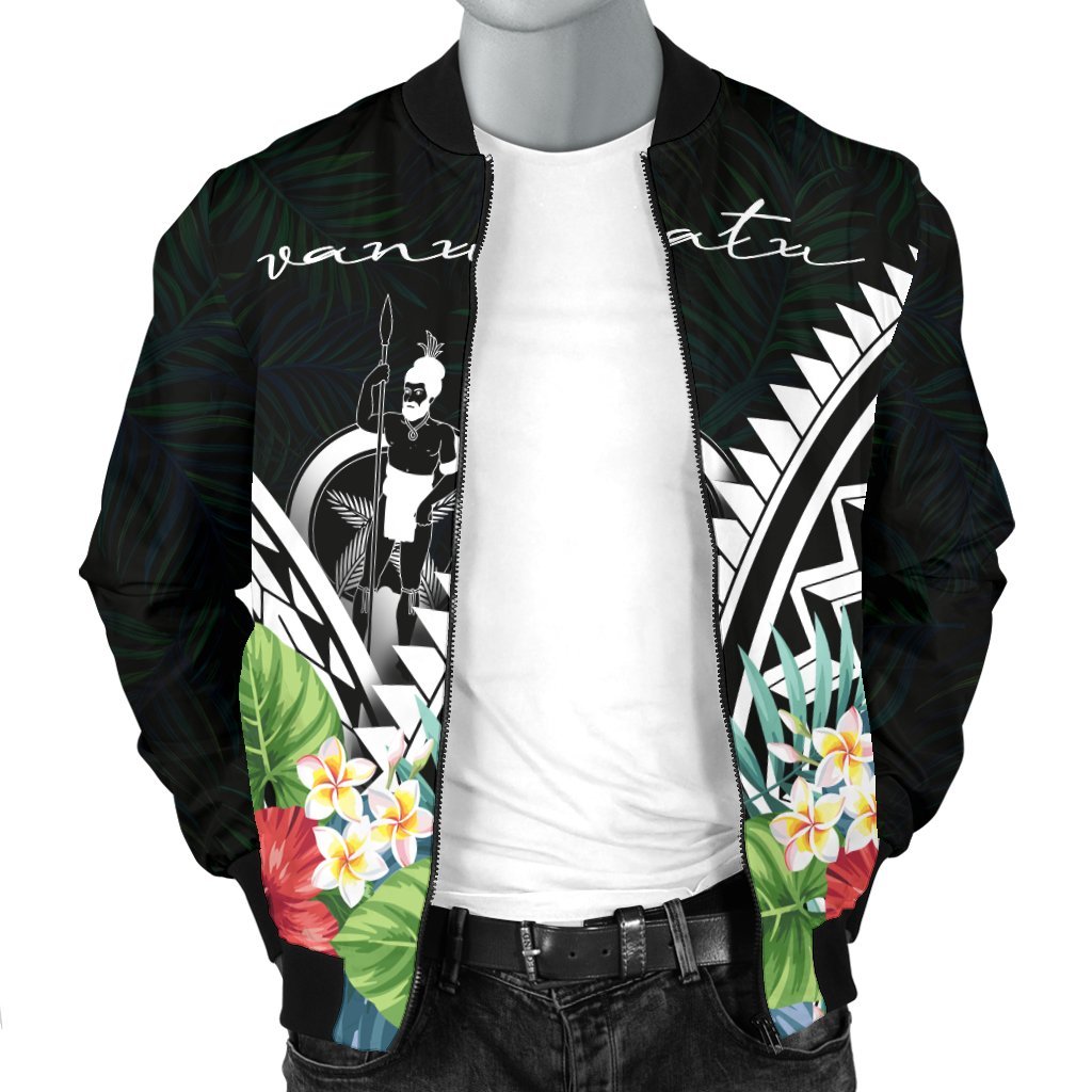 Vanuatu Men's Bomber Jacket - Vanuatu Caledonia Coat of Arms & Polynesian Tropical Flowers White - Polynesian Pride