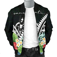 Vanuatu Men's Bomber Jacket - Vanuatu Caledonia Coat of Arms & Polynesian Tropical Flowers White - Polynesian Pride