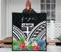 Fiji Premium Quilt - Fiji Coat of Arms & Polynesian Tropical Flowers White - Polynesian Pride