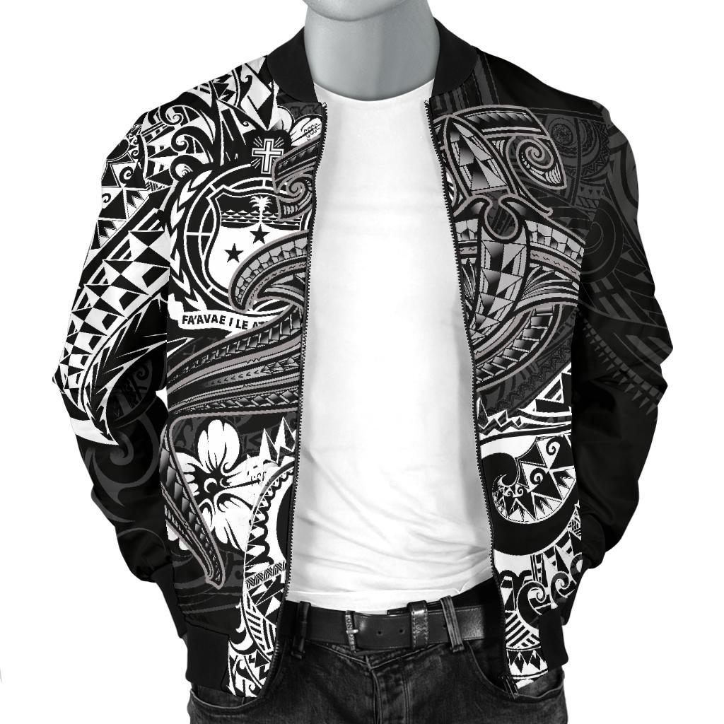 Samoa Men's Bomber Jacket - White Shark Polynesian Tattoo - Polynesian Pride