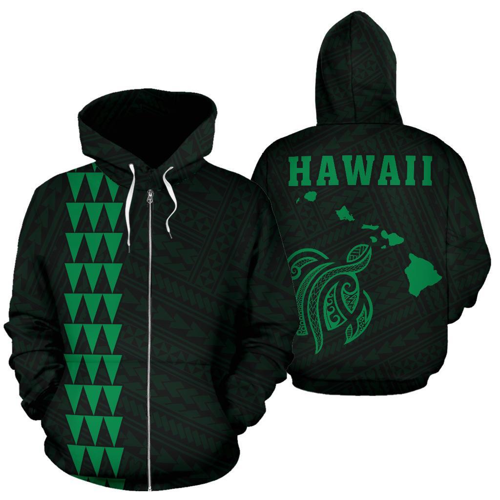 Polynesian Kakau Turtle Map of Hawaii Zip Hoodie Green Unisex Green - Polynesian Pride