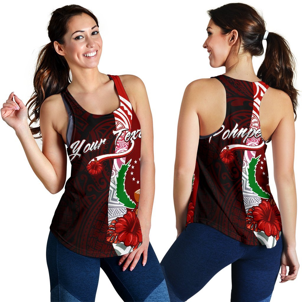 Pohnpei Micronesia Custom Personalised Women's Racerback Tank - Coat Of Arm With Hibiscus Red - Polynesian Pride
