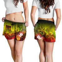 Fiji Women's Shorts - Humpback Whale with Tropical Flowers (Yellow) - Polynesian Pride