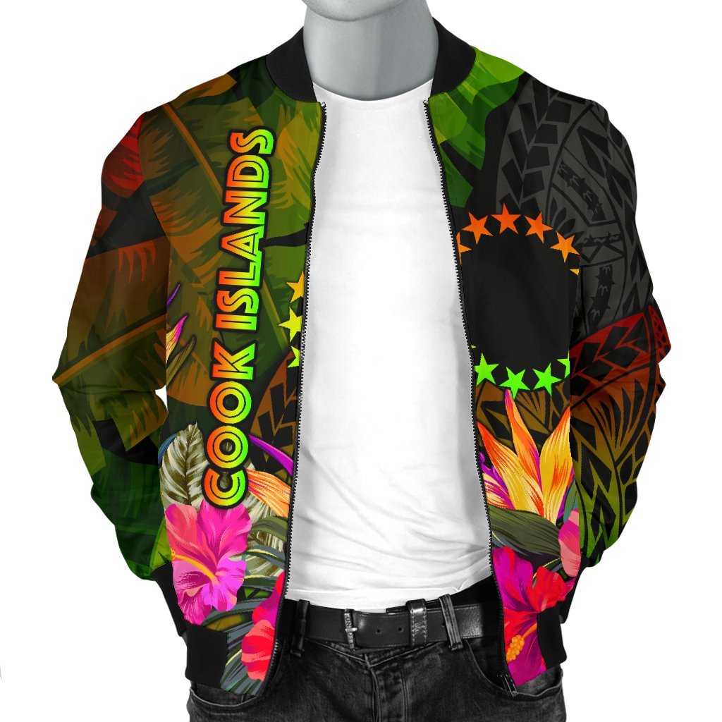 Cook Islands Polynesian Men's Bomber Jacket - Hibiscus and Banana Leaves - Polynesian Pride