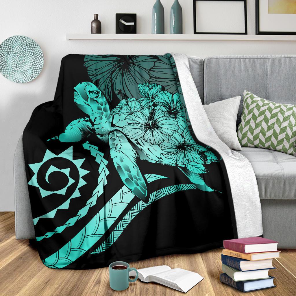 Hawaii Turtle Hibiscus Polynesian Vintage Premium Blanket - Turquoise - Polynesian Pride