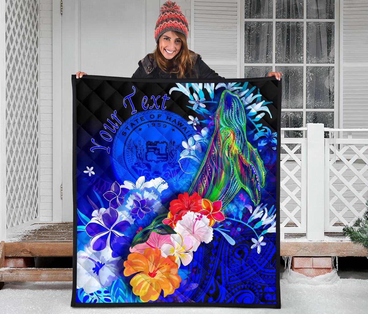 Polynesian Hawaii Custom Personalised Premium Quilt - Humpback Whale with Tropical Flowers (Blue) - Polynesian Pride