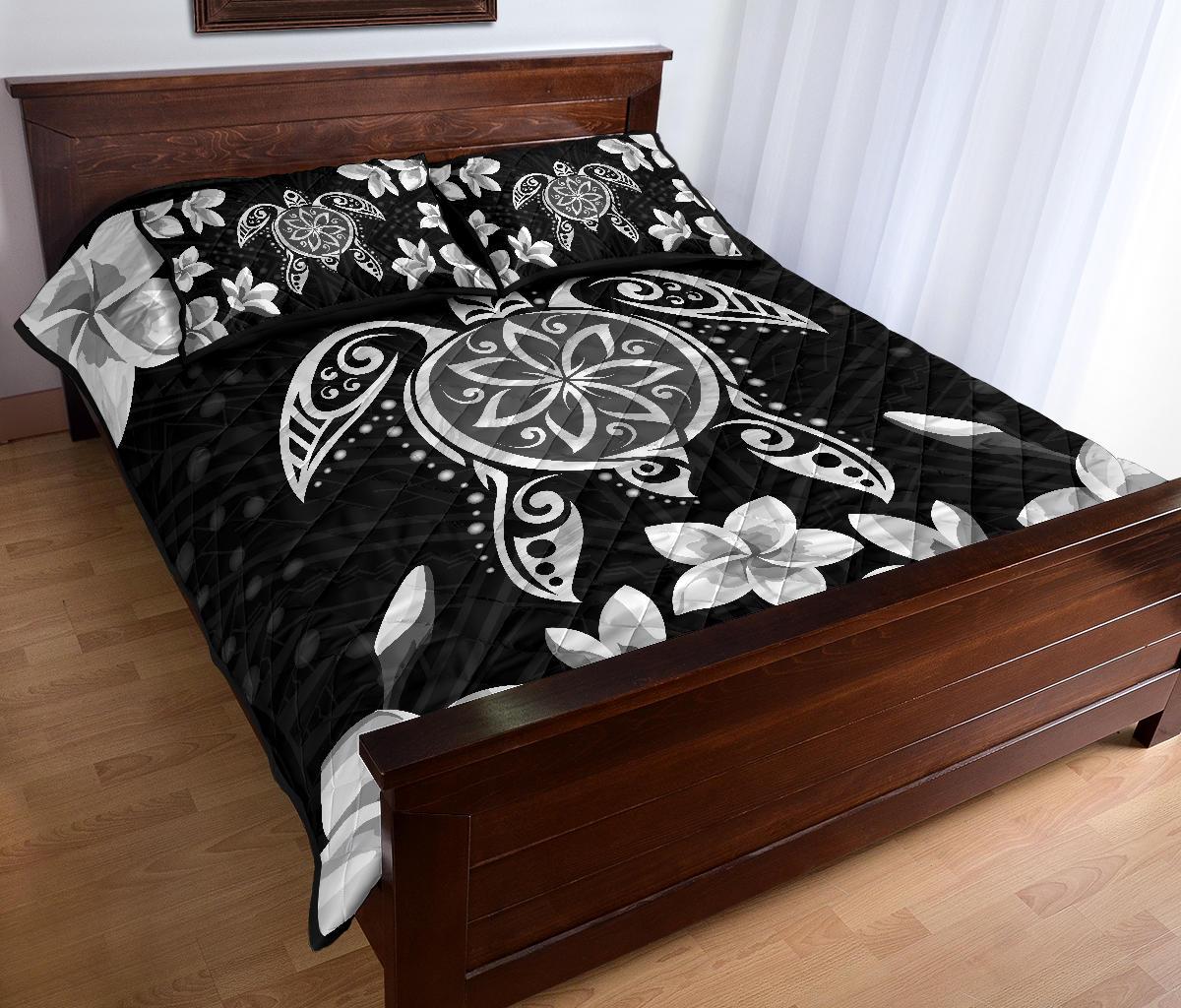 Hawaiian Silver Turtle Plumeria Quilt Bed Set - Polynesian Pride