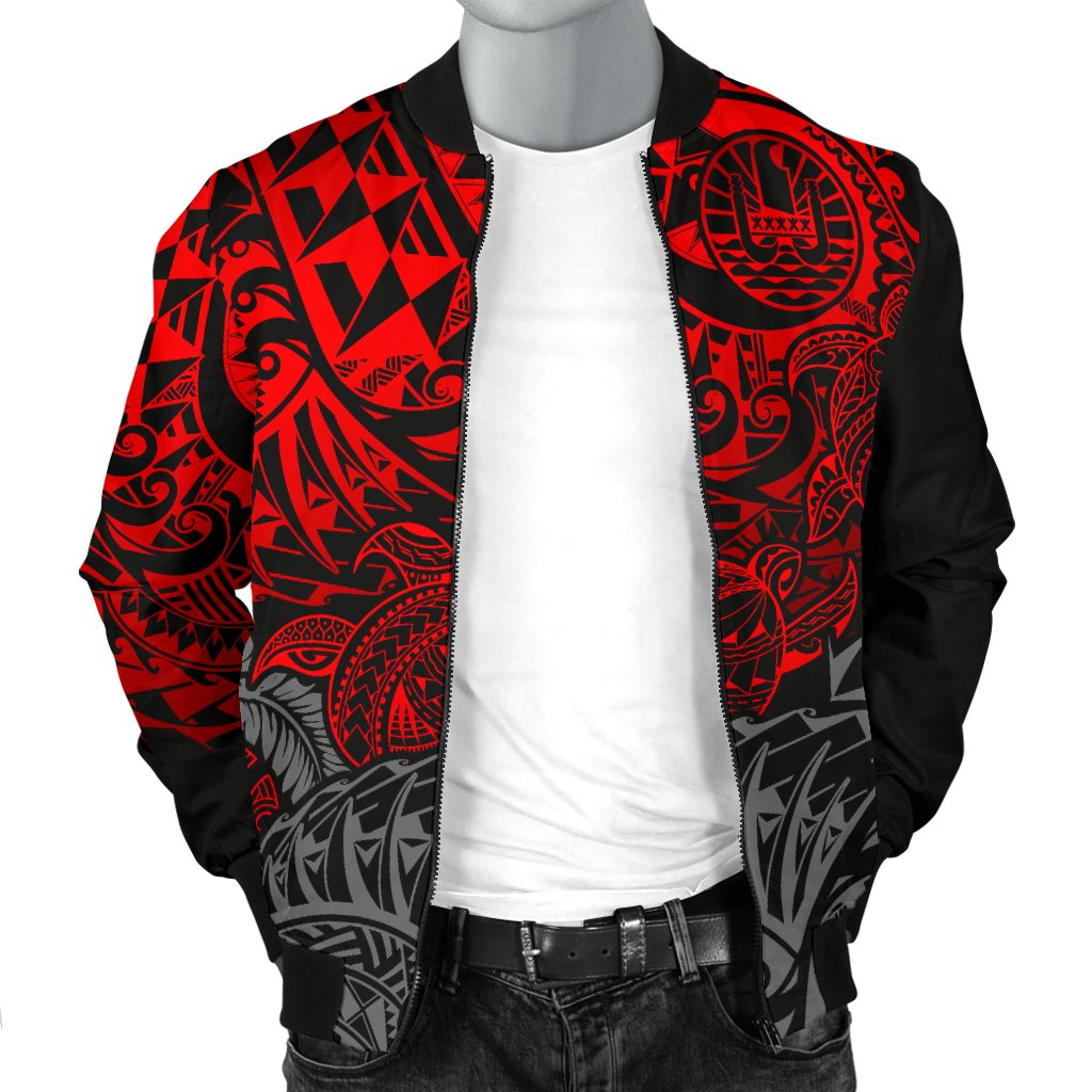 Tahiti Polynesian Men Bomber Jacket - Red Turtle Hibiscus Flowing - Polynesian Pride