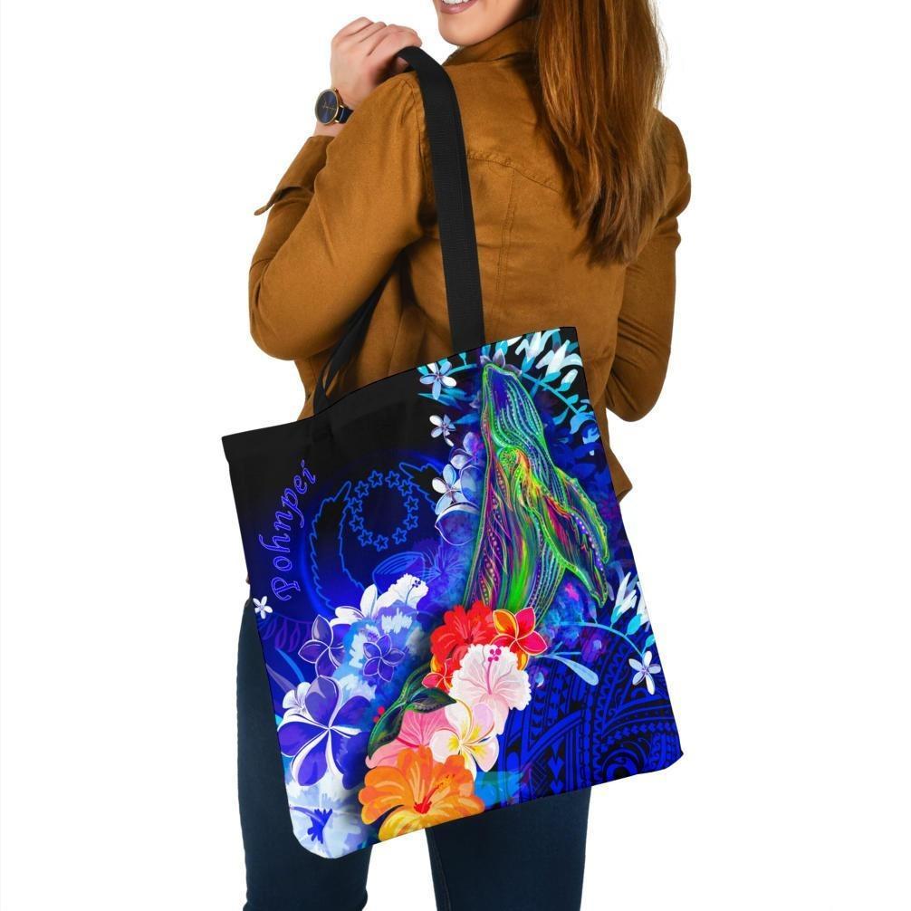 Pohnpei Tote Bags - Humpback Whale with Tropical Flowers (Blue) Tote Bag One Size Blue - Polynesian Pride