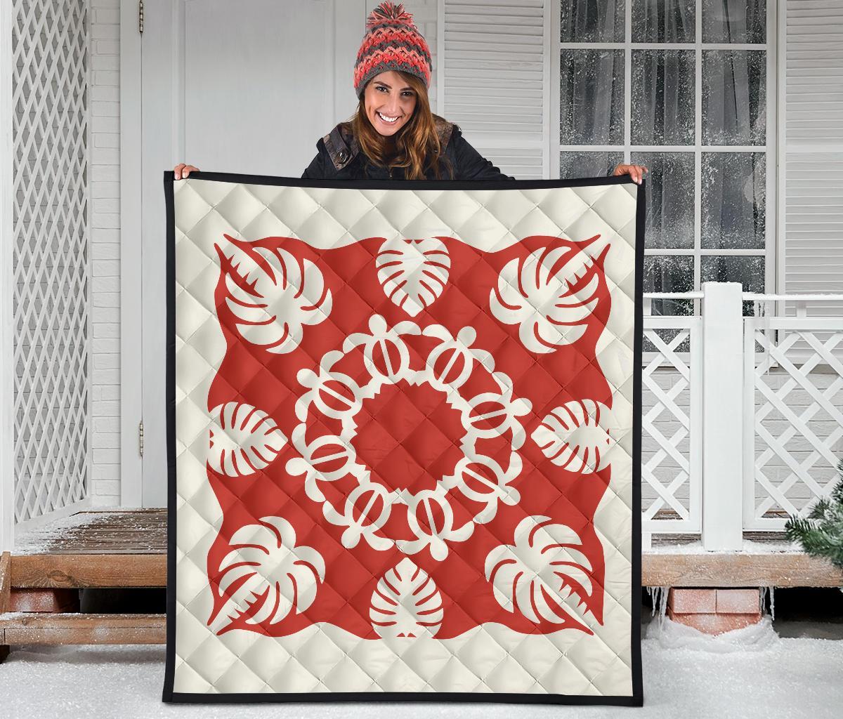 Hawaiian Turtle Coconut Pattern Premium Quilt - Red - Argu Style - AH - Polynesian Pride