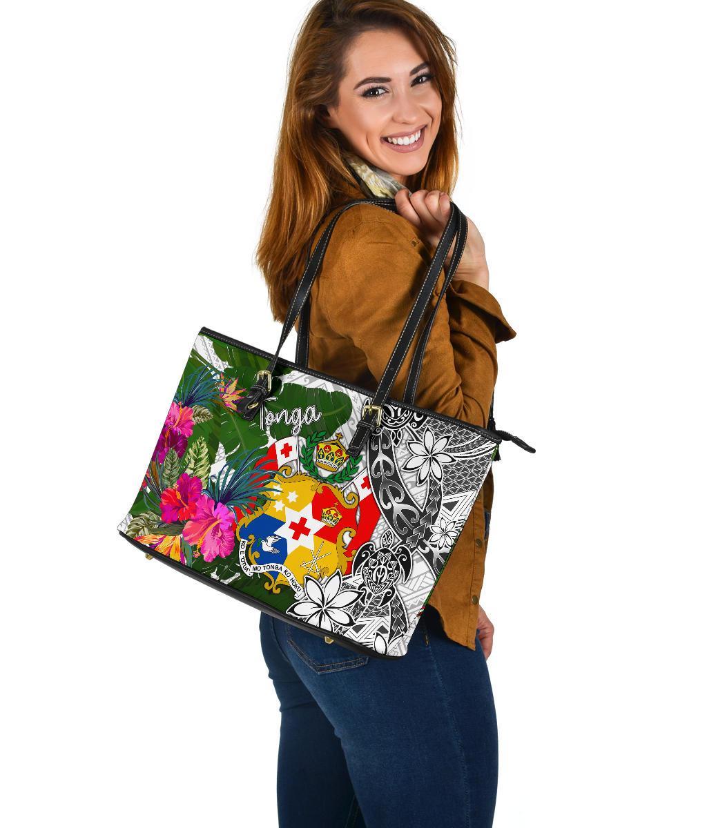 Tonga Large Leather Tote Bag White - Turtle Plumeria Banana Leaf - Polynesian Pride