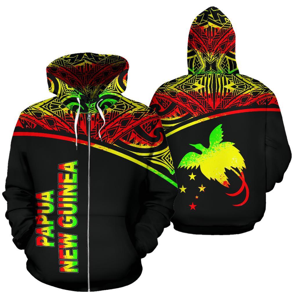 Papua New Guinea Polynesian All Over Zip up Hoodie Reggae Curve Unisex Black - Polynesian Pride