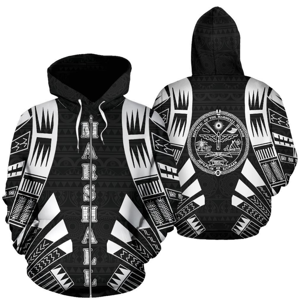 Marshall Islands All Over Zip up Hoodie Black Tattoo Style Unisex Black - Polynesian Pride