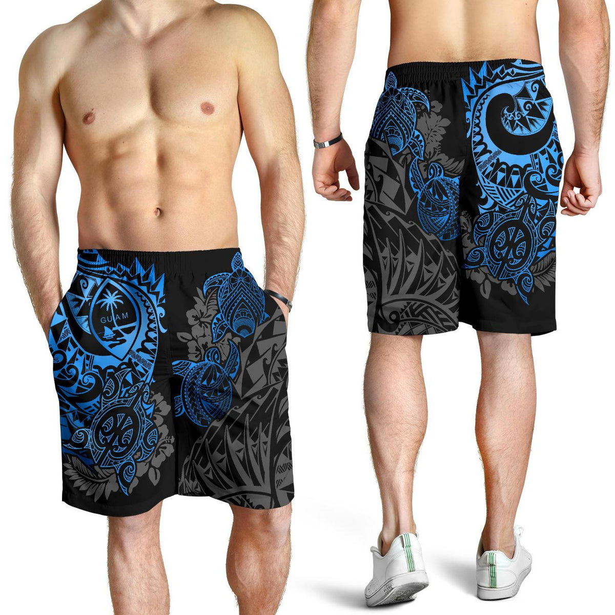 Guam Polynesian Shorts (Men) - Blue Turtle Flowing - Polynesian Pride