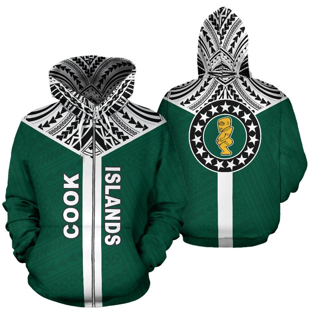 Cook Islands Zip Hoodie Cook Islands Flag Tiki Wooden Statue A6 Unisex Green - Polynesian Pride