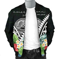 American Samoa Men's Bomber Jacket - Yap Coat of Arms & Polynesian Tropical Flowers White - Polynesian Pride