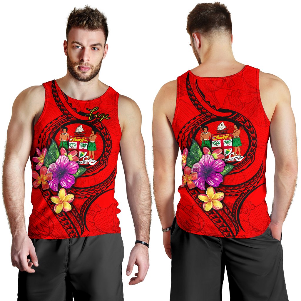Fiji Polynesian Men's Tank Top - Floral With Seal Red - Polynesian Pride