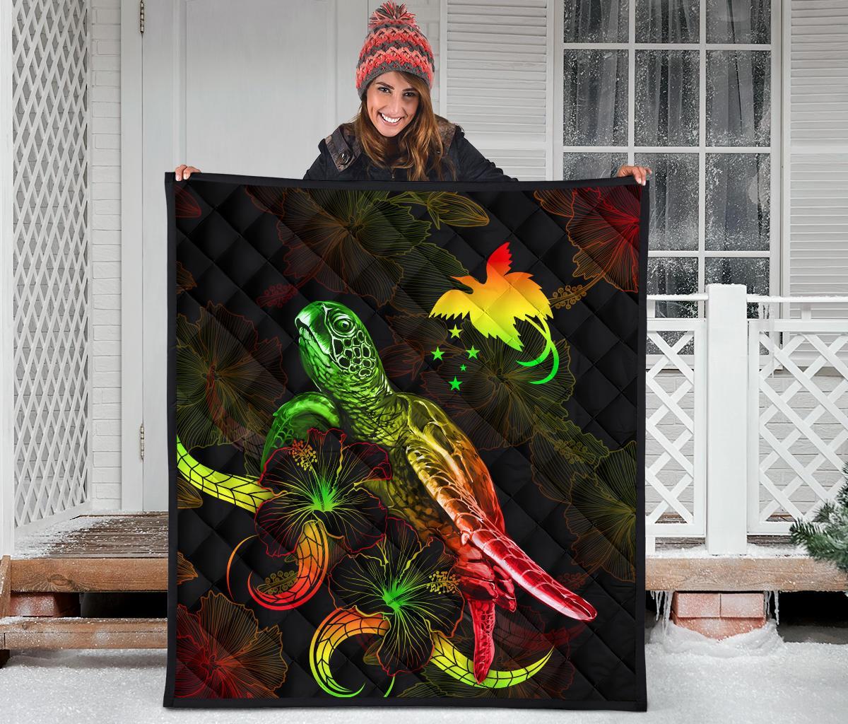 Papua New Guinea Polynesian Premium Quilt - Turtle With Blooming Hibiscus Reggae - Polynesian Pride