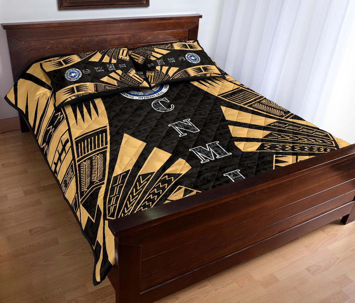 Northern Mariana Islands Quilt Bed Set - Northern Mariana Islands Seal & Polynesian Yellow Tattoo Style - Polynesian Pride
