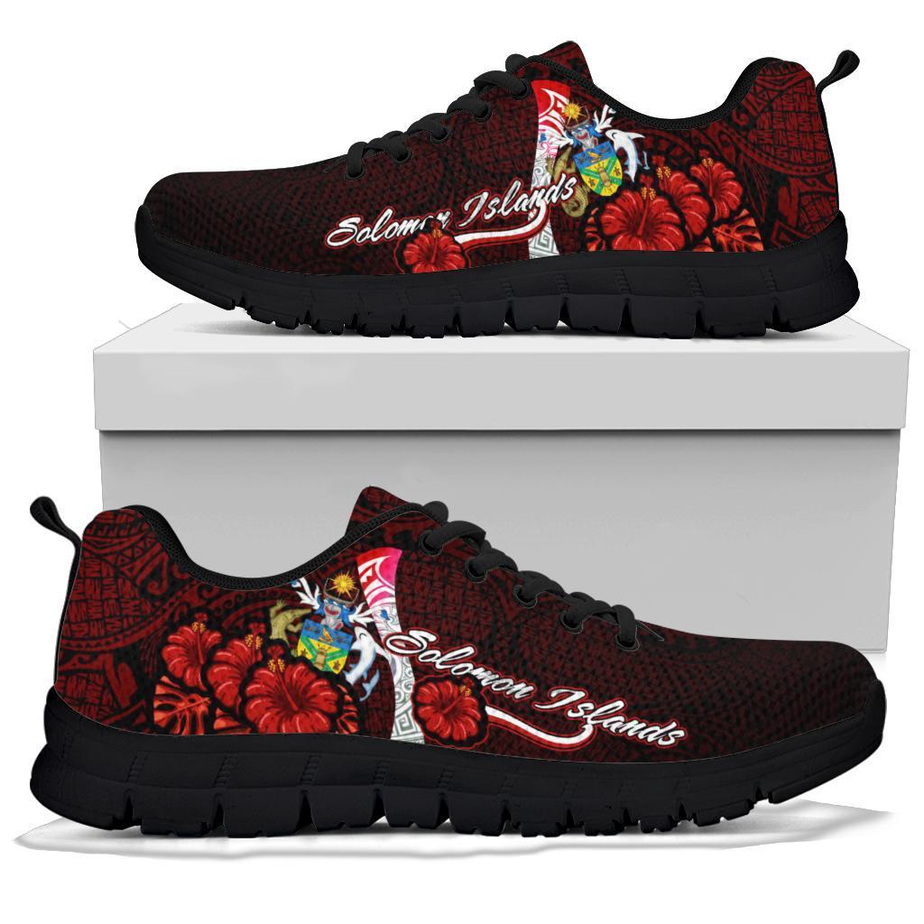 Solomon Islands Polynesian Sneakers - Coat Of Arm With Hibiscus - Polynesian Pride