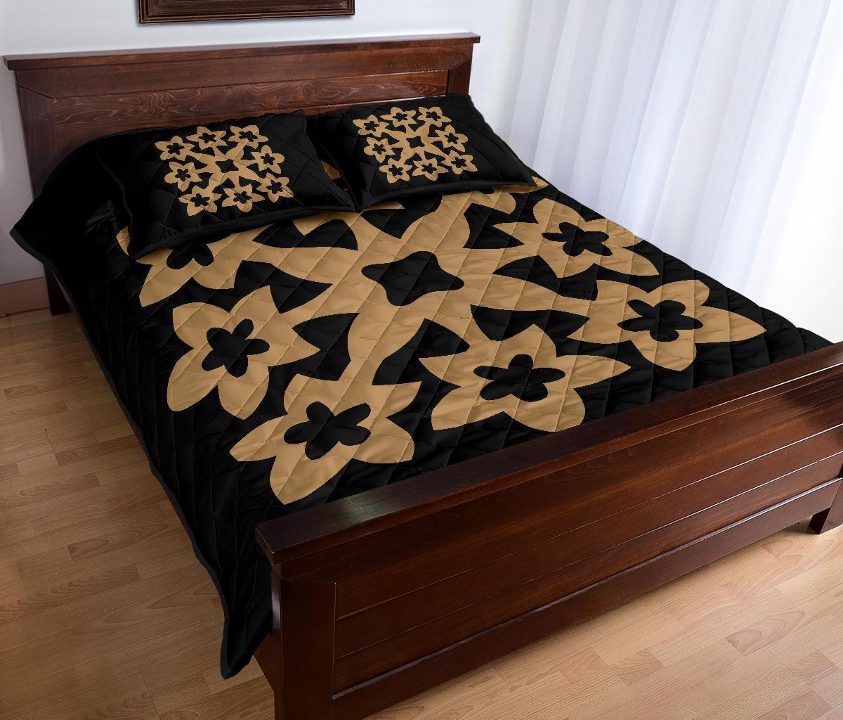 Hawaiian Quilt Bed Set Royal Pattern - Black And Gold - A1 Style - Polynesian Pride