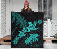 Hawaii Turtle Plumeria Coconut Tree Polynesian Premium Quilt - Turquoise - Polynesian Pride