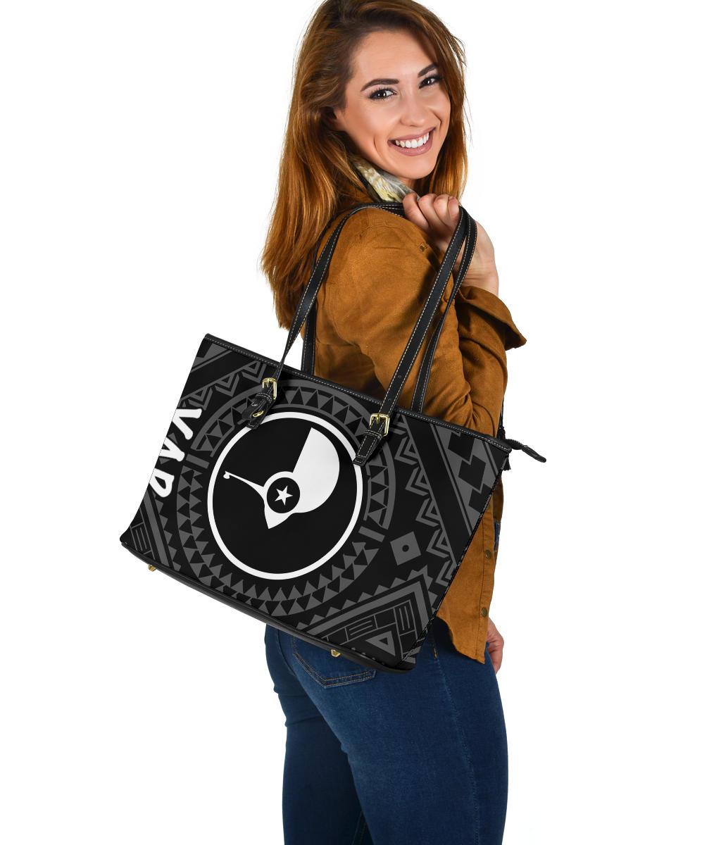 Yap Large Leather Tote Bag - Yap Seal With Polynesian Tattoo Style - Polynesian Pride