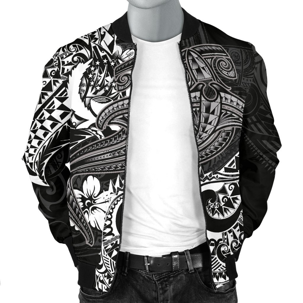 Pohnpei Men's Bomber Jacket - White Shark Polynesian Tattoo - Polynesian Pride