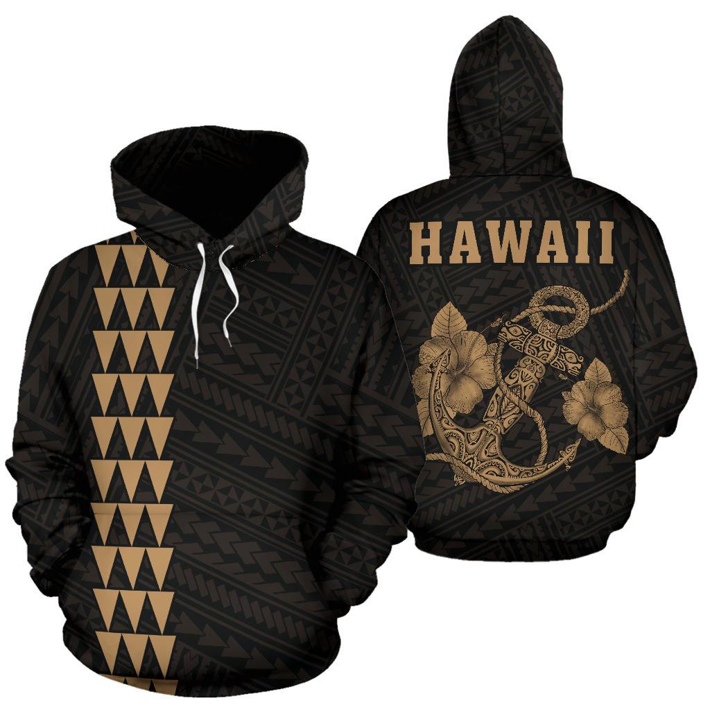 Polynesian Kakau Anchor Hibiscus Hawaii Hoodie Gold Unisex Gold - Polynesian Pride