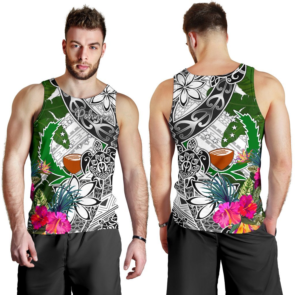 Pohnpei Men's Tank Top White - Turtle Plumeria Banana Leaf - Polynesian Pride