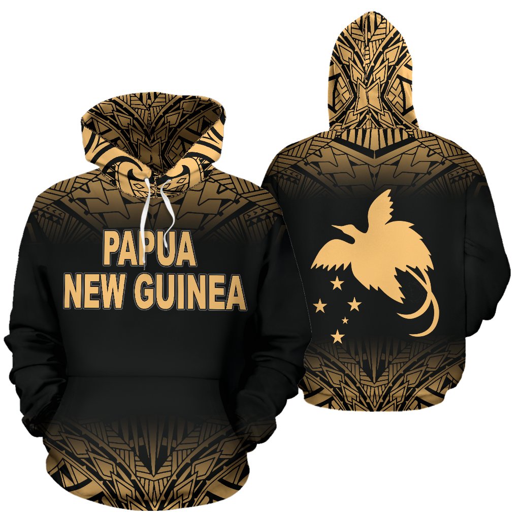 Papua New Guinea Polynesian ll Over Hoodie Gold Fog Unisex Black - Gold - Polynesian Pride
