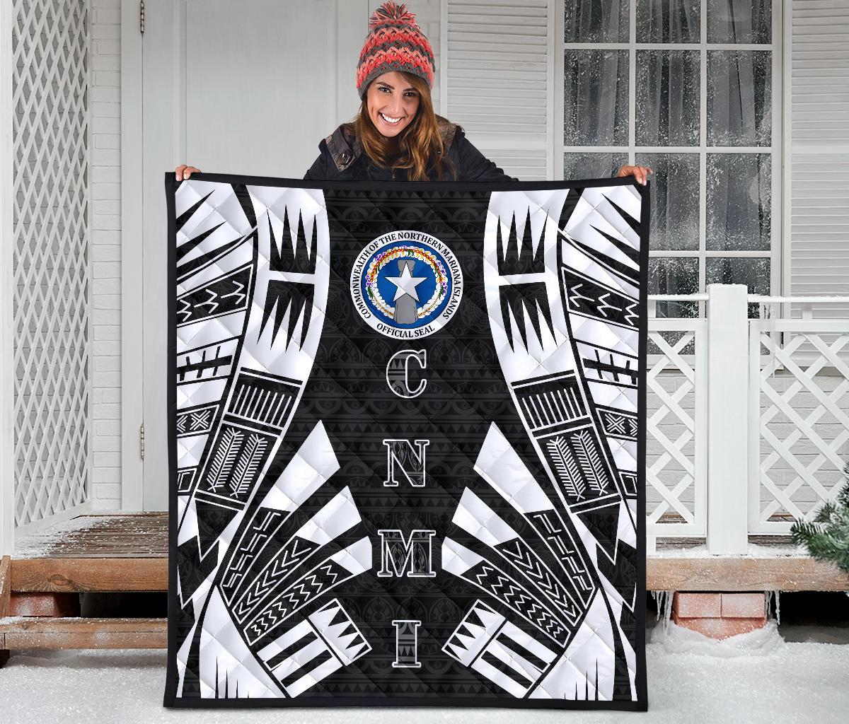 Northern Mariana Islands Premium Quilt - Northern Mariana Islands Seal Polynesian White Tattoo (Black) - Polynesian Pride