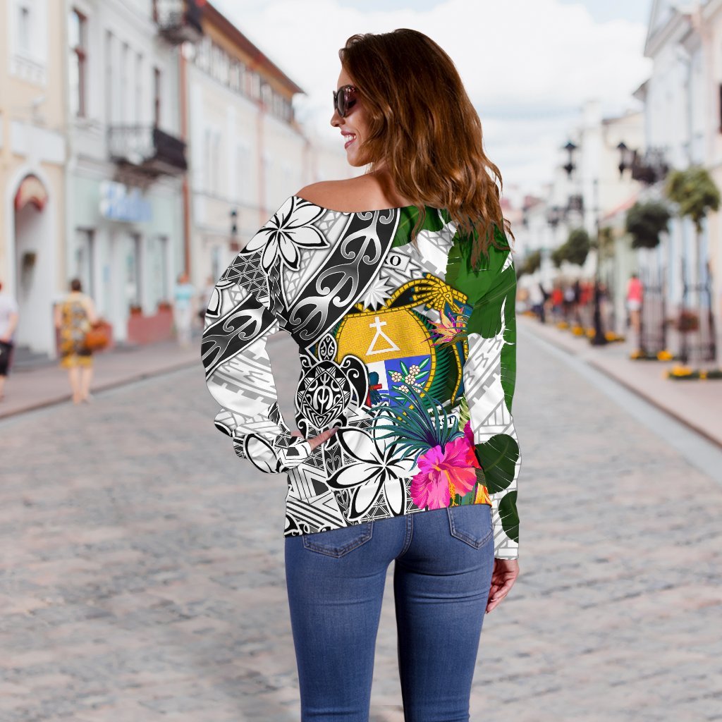 Nauru Women's Off Shoulder Sweater White - Turtle Plumeria Banana Leaf Crest - Polynesian Pride