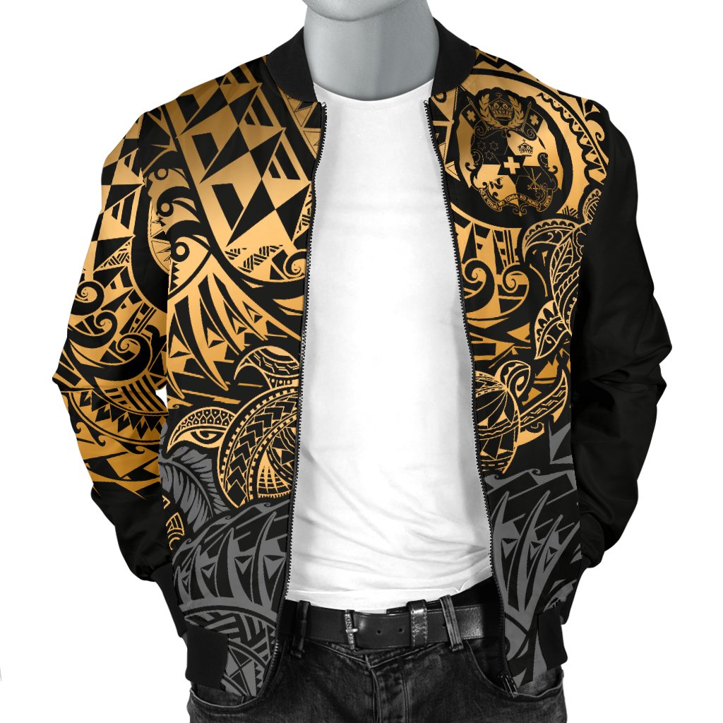 Tonga Polynesian Bomber Jacket (Men) - Gold Turtle Flowing - Polynesian Pride