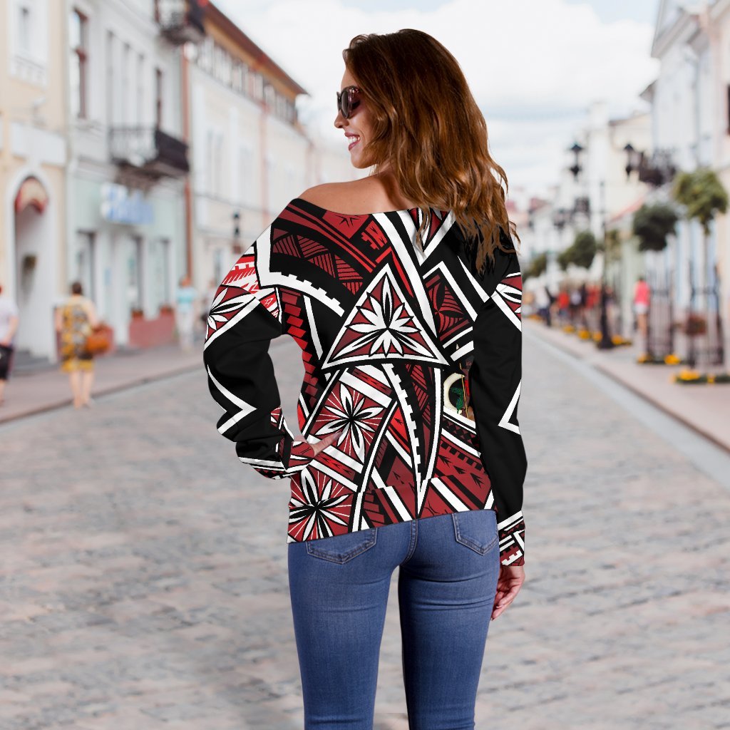 Vanuatu Women's Off Shoulder Sweaters - Tribal Flower Special Pattern Red Color - Polynesian Pride