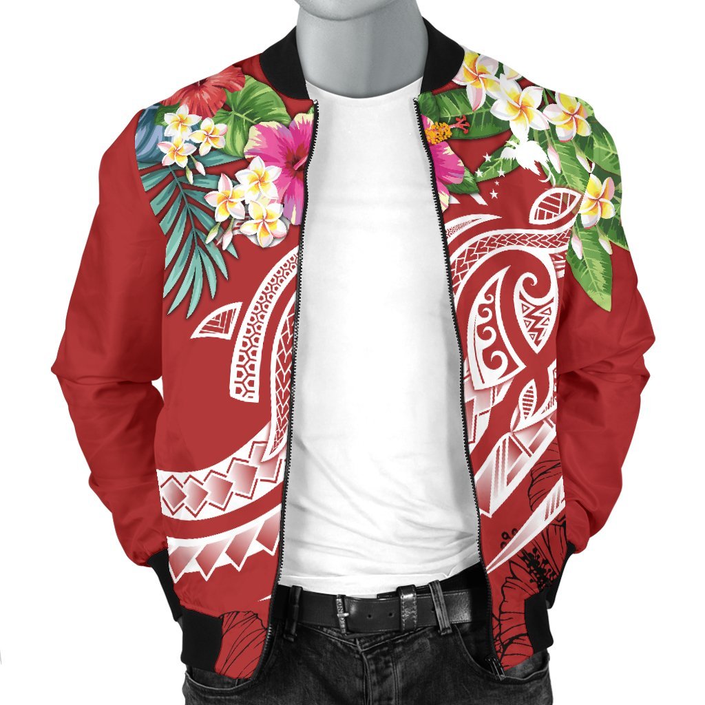 Papua New Guinea Polynesian Men's Bomber Jacket - Summer Plumeria (Red) - Polynesian Pride