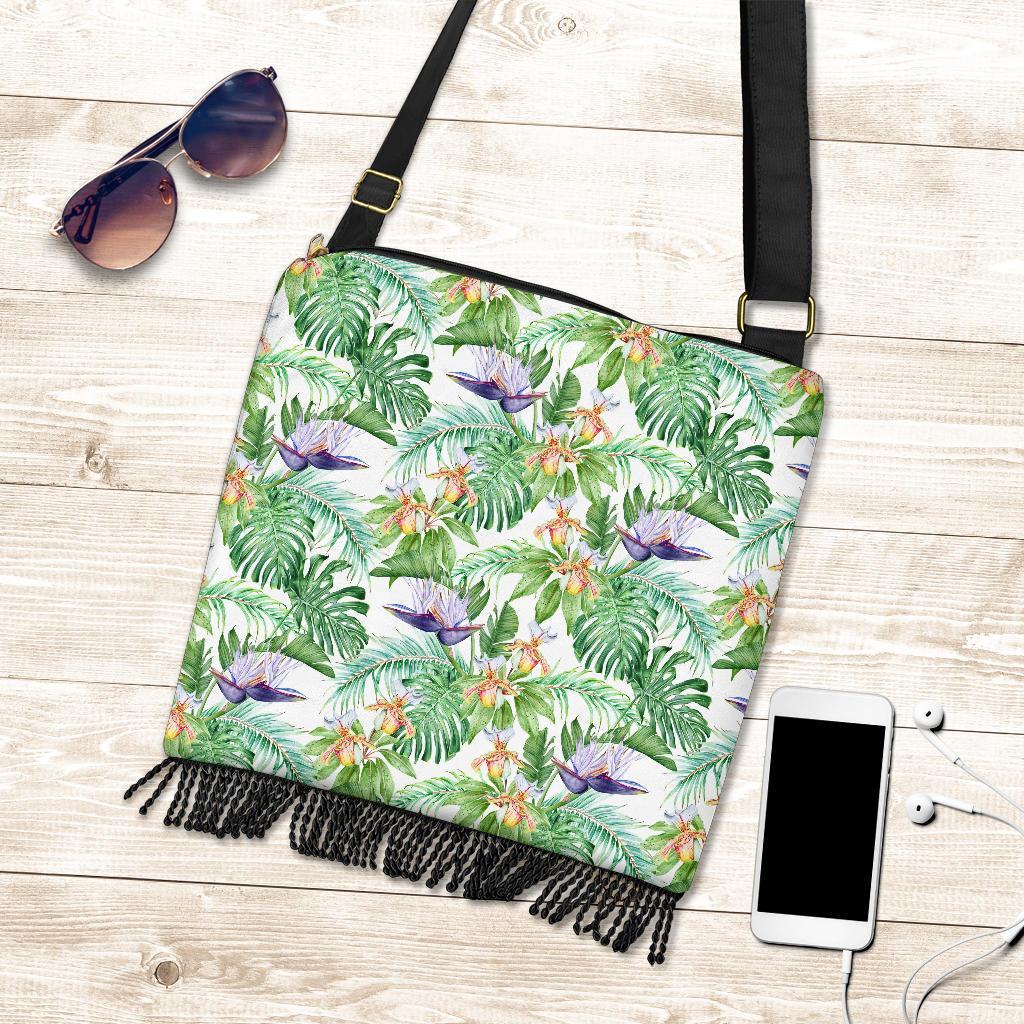 Hawaii Tropical Orange Orchids Strelitzia Monstera Crossbody Boho Handbag - Polynesian Pride